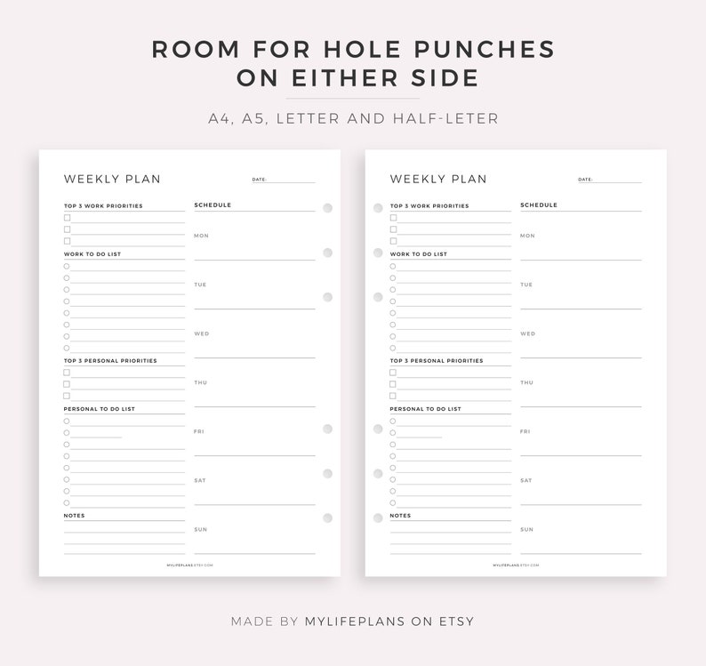 May include: Two white weekly planner pages with a minimalist design. Each page features sections for top priorities, to-do lists, and a schedule for each day of the week. The text "ROOM FOR HOLE PUNCHES ON EITHER SIDE" is at the top.