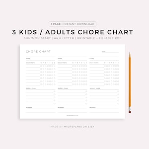 Chore Chart for 3 Kids / Adults Printable Template, Weekly Household Chores, House Responsibilities, A4/A5/Letter/Half, Instant Download