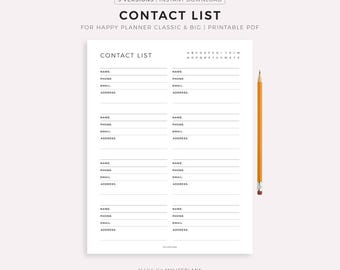 Contacts List Printable Template for Happy Planner Classic & Big, Instant Download