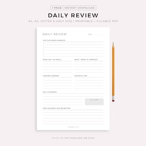 Daily Review, Daily Reflection, Daily Evaluation, Daily Summary, Printable Insert Template, A4/A5/Letter/Half, Instant Download PDF