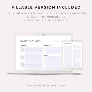May include: A digital daily planner template displayed on a laptop screen. The planner includes sections for schedule, priorities, and to-do list. The template is designed to be filled out in a PDF editor or browser.