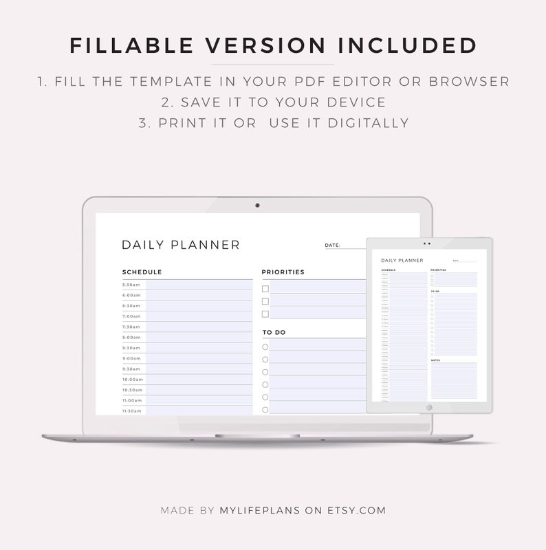 May include: A digital daily planner template displayed on a laptop screen. The planner includes sections for schedule, priorities, and to-do list. The template is designed to be filled out in a PDF editor or browser.