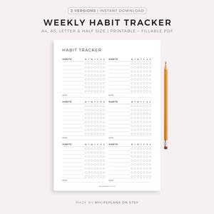 May include: A white printable weekly habit tracker with a simple design. The tracker includes sections for habits, dates, and a weekly schedule. A yellow pencil rests on the right side of the page.