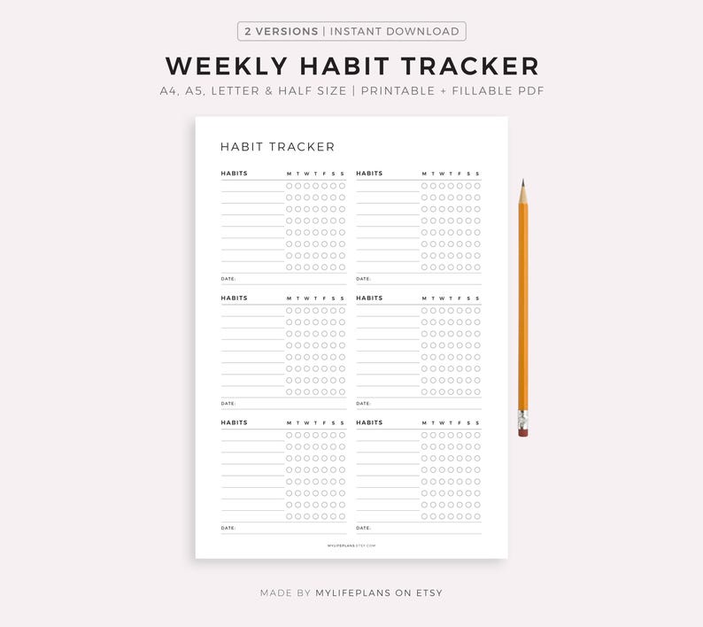 May include: A white printable weekly habit tracker with a simple design. The tracker includes sections for habits, dates, and a weekly schedule. A yellow pencil rests on the right side of the page.