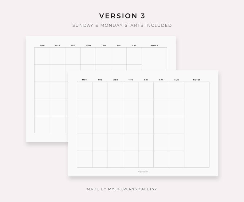 Blank Monthly Calendar With Notes, Landscape, Monday & Sunday Start ...