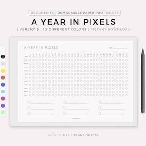 May include: A printable year in pixels calendar for use with a Remarkable Paper Pro tablet. The calendar is designed with a grid of circles for each day of the year, with space for notes at the bottom.