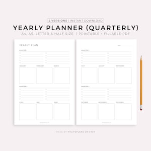 Yearly Planner, Quarterly Goals, Tasks & Reminders, A4/A5/Letter/Half, Printable and Fillable PDF, Instant Download