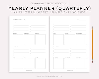 Yearly Planner, Quarterly Goals, Tasks & Reminders, A4/A5/Letter/Half, Printable and Fillable PDF, Instant Download