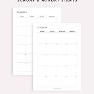 May include: Two white January monthly planner pages with a minimalist design. The text "SUNDAY & MONDAY STARTS" is at the top. The calendar grid includes dates and days of the week. The bottom of the page reads "MADE BY MYLIFEPLANS ON ETSY".