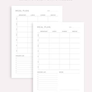 May include: Two printable meal planner pages with a black and white design. The first page has a weekly meal planner with a grocery list. The second page has a meal planner for Sunday through Thursday with a grocery list and notes section. Both pages have the text "MEAL PLAN" and "DATE".
