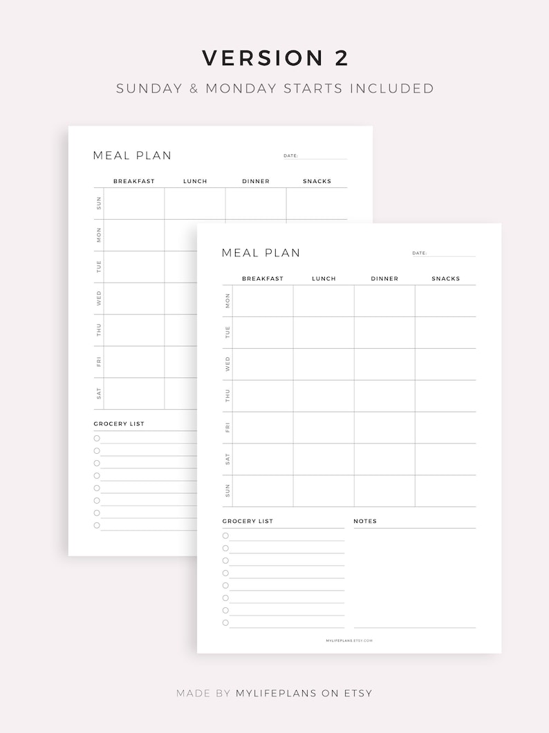 May include: Two printable meal planner pages with a black and white design. The first page has a weekly meal planner with a grocery list. The second page has a meal planner for Sunday through Thursday with a grocery list and notes section. Both pages have the text "MEAL PLAN" and "DATE".