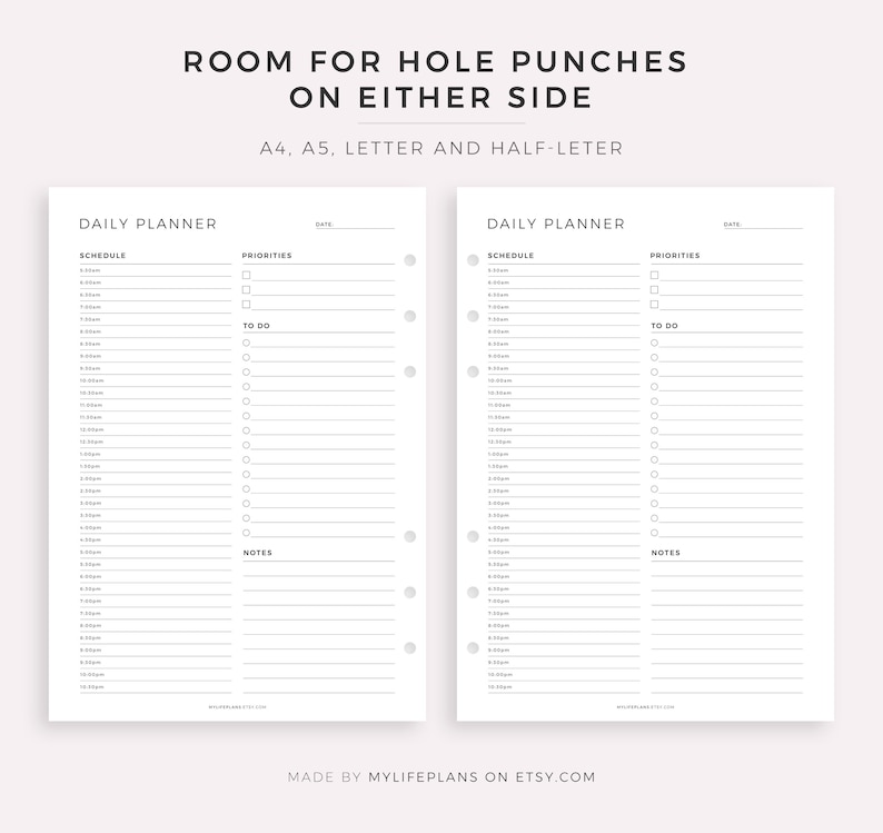 May include: Two blank daily planner pages with space for hole punches on either side. The pages are labeled "Daily Planner" and have sections for "Schedule", "Priorities", "To Do", and "Notes".