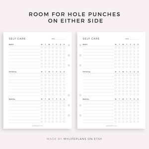 May include: Printable self-care planner with sections for basic, physical, and mental care. The planner has a weekly layout with boxes for each day of the week. The planner is designed to be used with a disc-bound planner system. The text "ROOM FOR HOLE PUNCHES ON EITHER SIDE" is at the top of the page. The text "MADE BY MYLIFEPLANS ON ETSY" is at the bottom of the page.