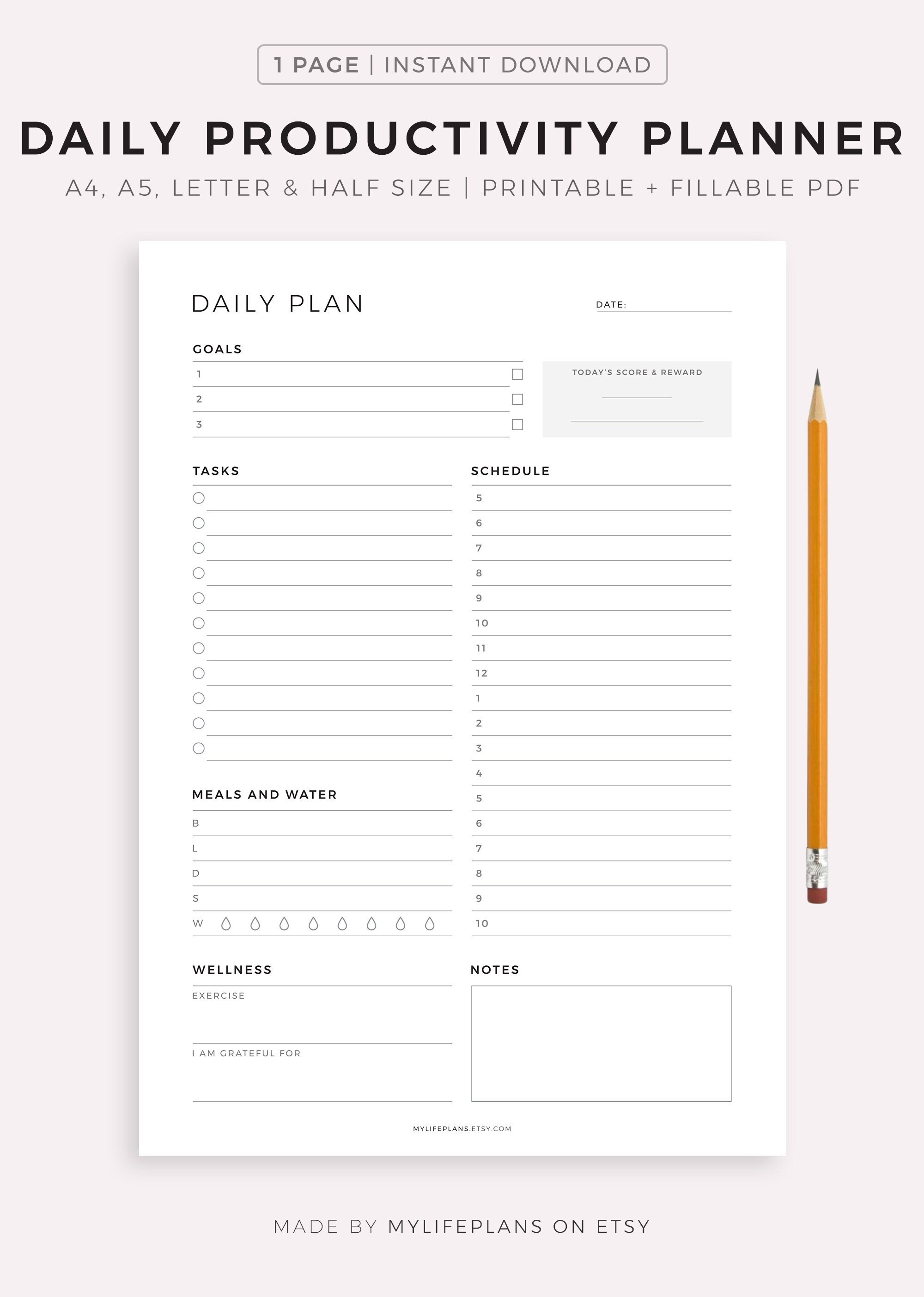 Daily Productivity Planner, Daily to Do List, Meal Planner