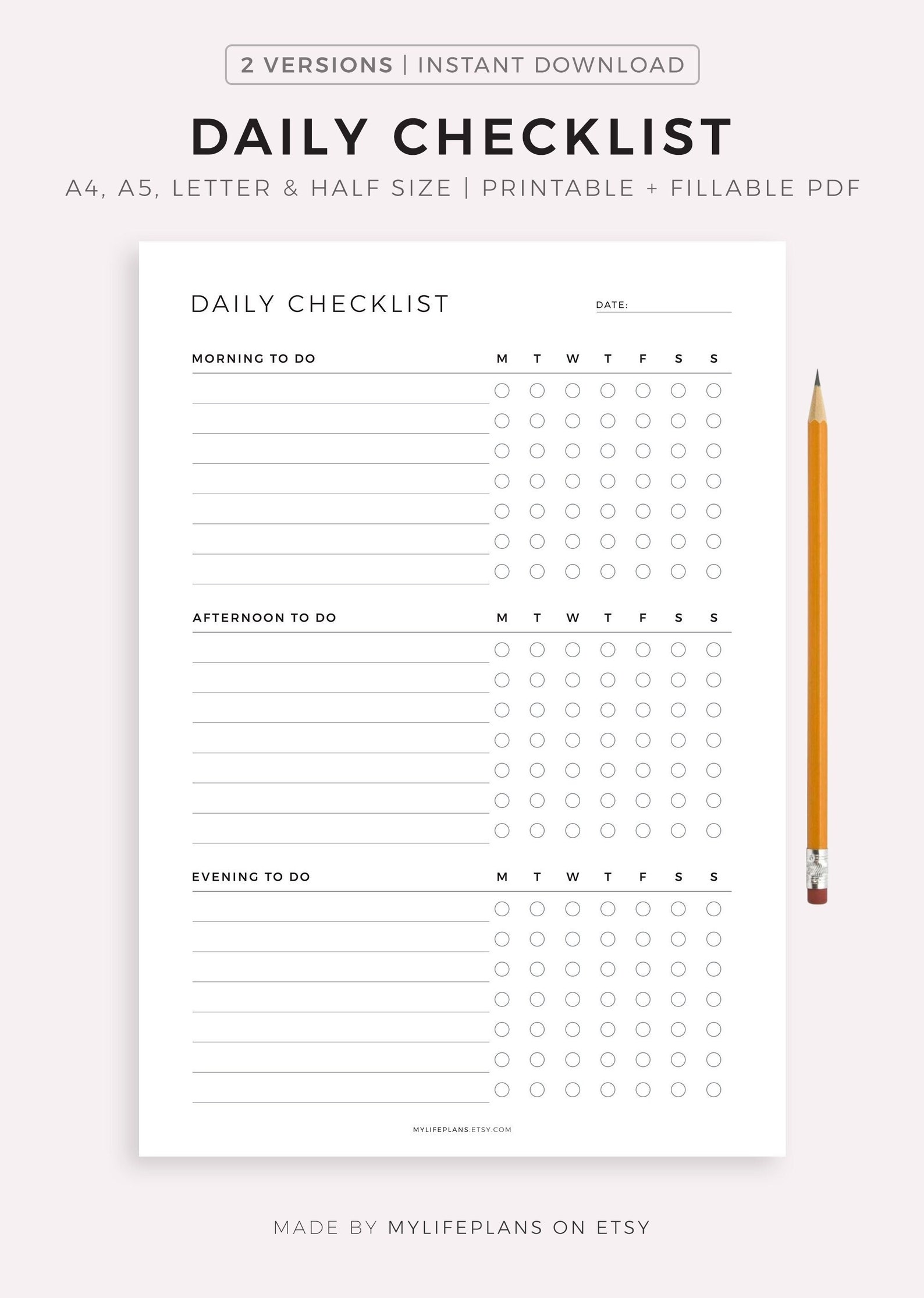 Daily Checklist Printable & Fillable, Daily to Do List Template, Task ...
