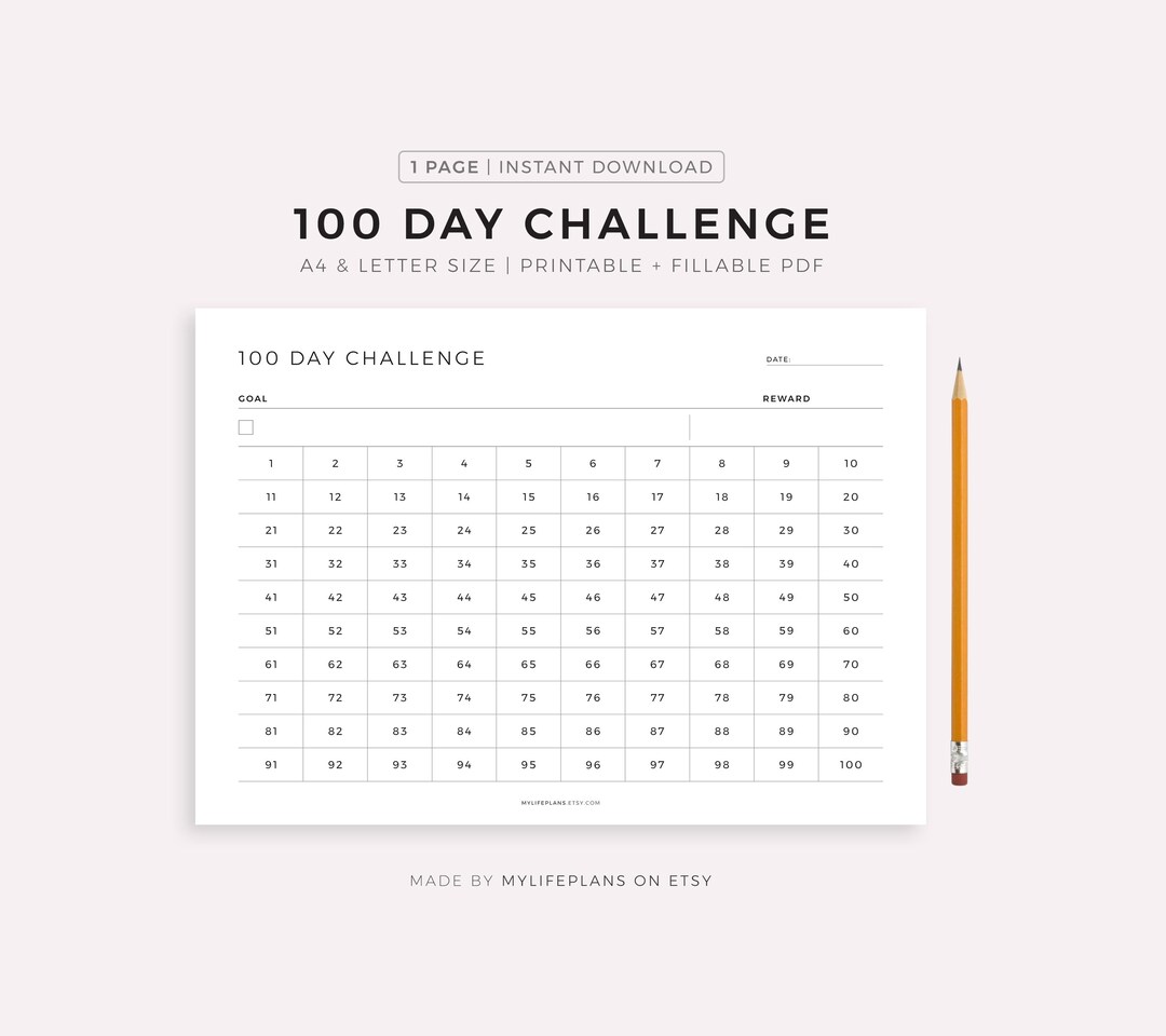 100 Day Challenge Printable Landscape, Goal Setting, Progress Tracker ...