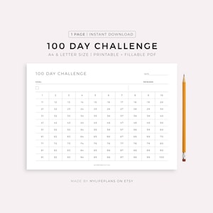 100 dagen uitdaging afdrukbaar liggend, doelen stellen, voortgangstracker, gewoontevorming, A4/brief, pdf direct downloaden