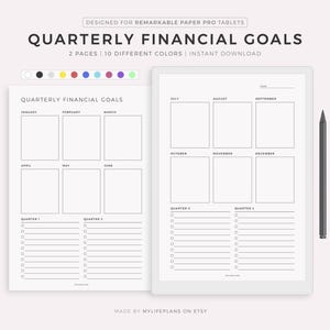 Planificador trimestral de objetivos financieros para Remarkable Paper Pro, descarga instantánea