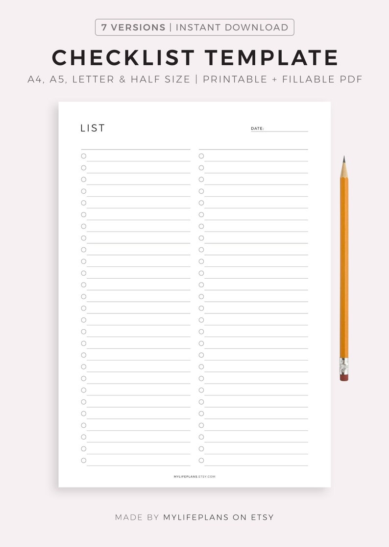 Blank Checklist Template Printable & Fillable, Simple Checklist Template, A4/A5/Letter/Half, Instant Download PDF image 1