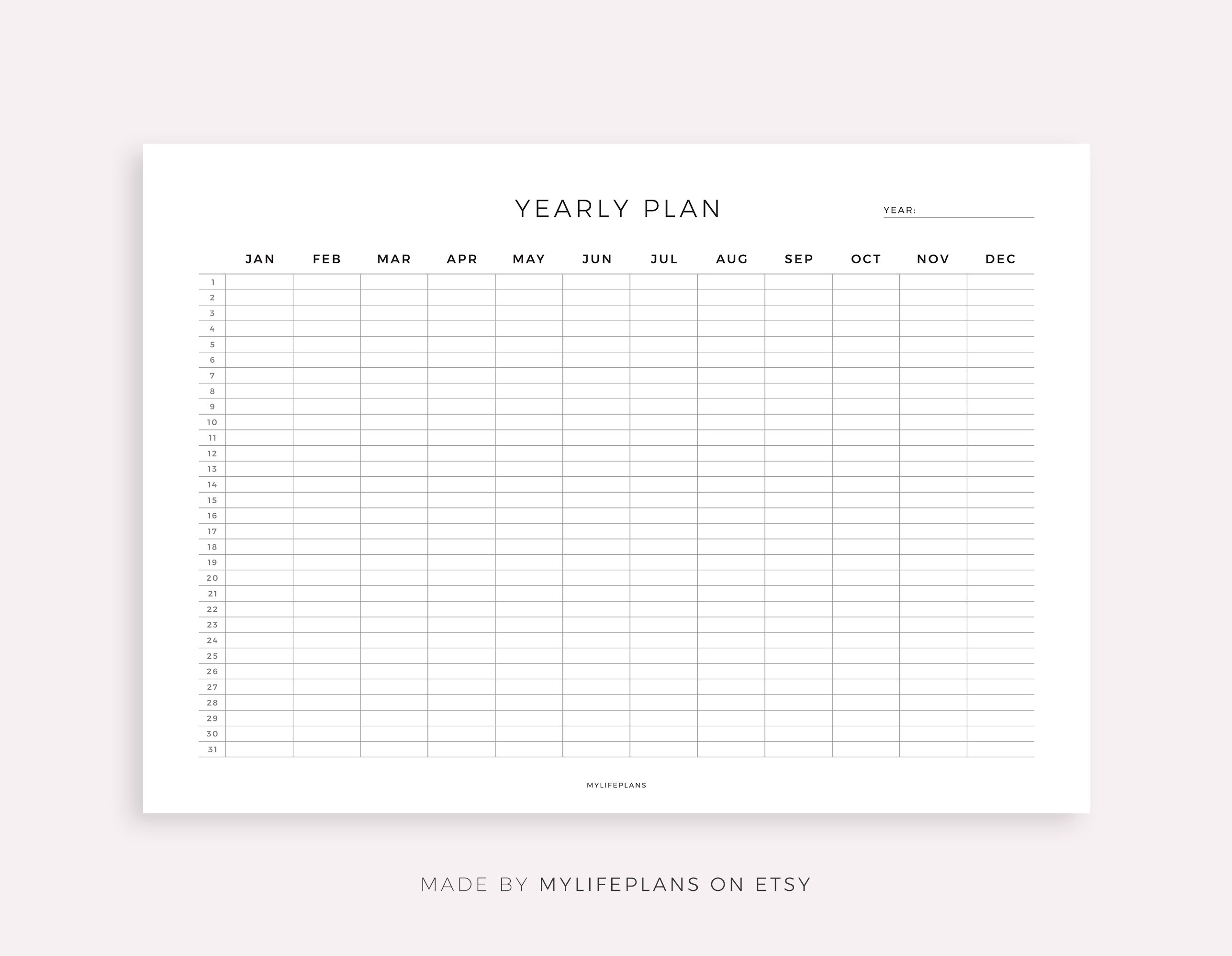 Yearly Planner on 1 Page Landscape, Year at a Glance, Calendar Template ...