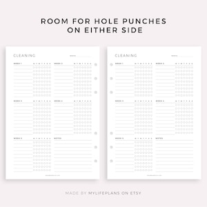 May include: A printable cleaning checklist for a planner or journal. The checklist is divided into five weeks and includes space for notes. The text "CLEANING" is at the top of the page.