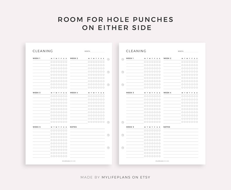 May include: A printable cleaning checklist for a planner or journal. The checklist is divided into five weeks and includes space for notes. The text "CLEANING" is at the top of the page.