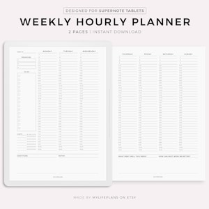 Puede incluir: Un planificador horario semanal imprimible en blanco y negro diseñado para tabletas Supernote. El planificador tiene dos páginas e incluye secciones para prioridades, tareas pendientes, hábitos, agradecimientos, notas, qué salió bien esta semana y cómo puede mejorar la próxima semana.