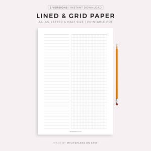Lined & Grid Paper Printable, A4/A5/Letter/Half Size, Instant Download PDF