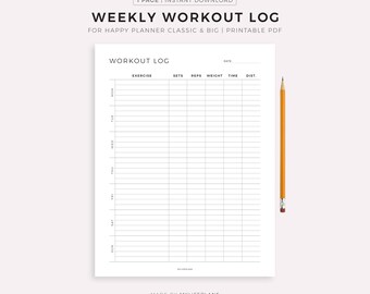 Weekly Workout Log, Printable Template for Happy Planner Classic and Big, Instant Download PDF