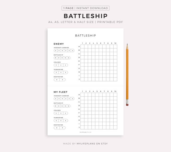 Printable Battleship Game - Easy To Print And Play With Friends, School and Classroom Game, Travel Activity, A4/Letter, Instant Download PDF
