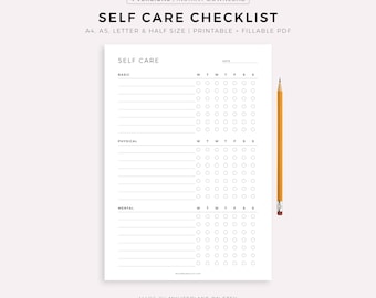 Self Care Checklist Printable Template, Self Care Routine Plan, Daily Wellbeing, Wellness Planner, A4/A5/Letter/Half Size, Instant Download