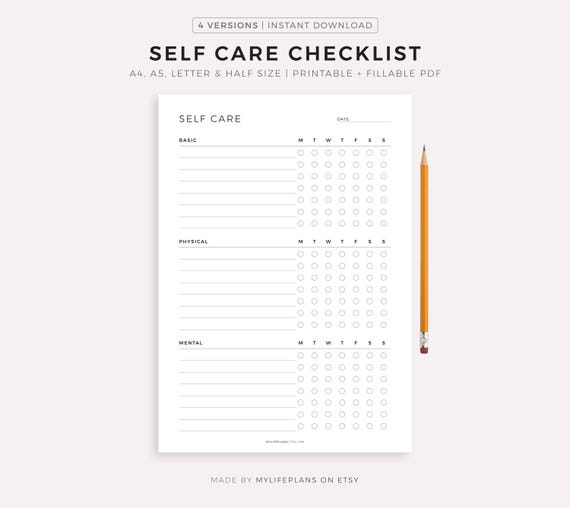 Self Care Checklist Printable Template, Self Care Routine Plan, Daily Wellbeing, Wellness Planner, A4/A5/Letter/Half Size, Instant Download