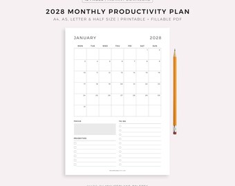 2028 Monthly Planner, Monthly Schedule, Monthly Organizer, Month at a Glance, Printable & Fillable, A4/A5/Letter/Half