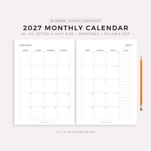 May include: A minimalist 2027 monthly calendar with a clean, white design. The calendar includes space for notes and is available in A4, A5, letter, and half sizes. The text "2027 Monthly Calendar" is displayed at the top. A pencil is placed on the right side.