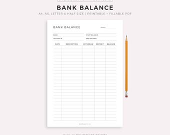 Bank Balance Sheet Printable, Bank Account Transactions Tracker, Finance Log, Income & Spending Tracker, A4/A5/Letter/Half Size