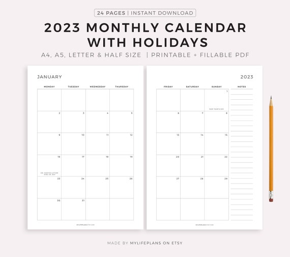 2023 monthly calendar with holidays on 2 pages printable etsy