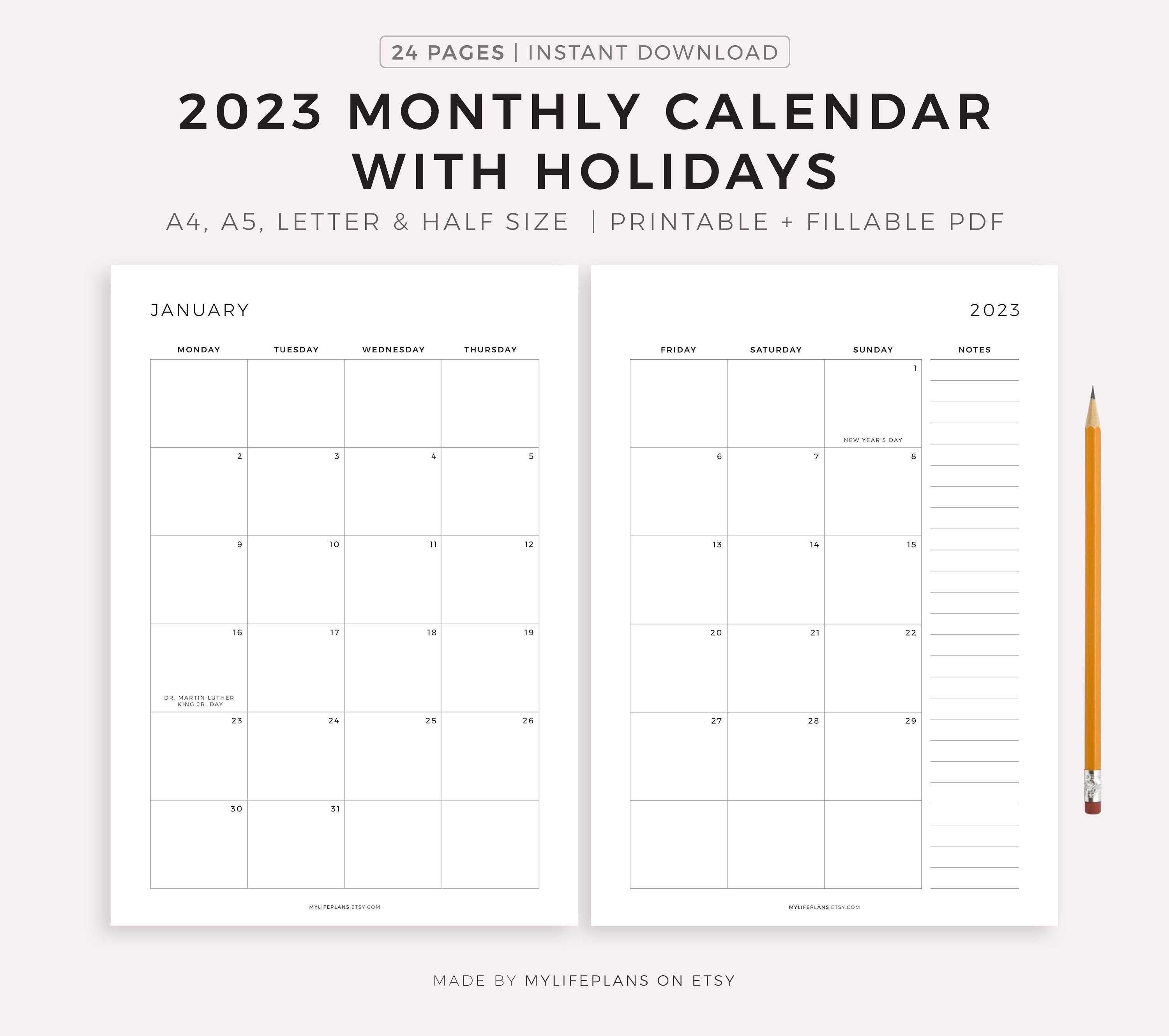 2023 monthly calendar with holidays on 2 pages printable - etsy