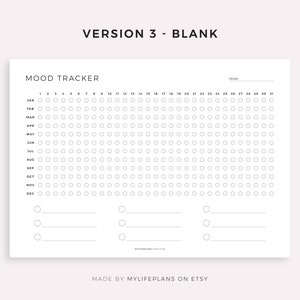 May include: A black and white mood tracker printable with a grid of circles for each day of the year. The months are listed down the left side and the days of the month are listed across the top. The text "MOOD TRACKER" is at the top of the printable.