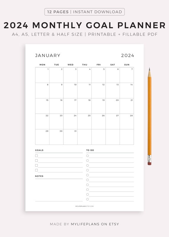 2024 Monthly Goal Planner, Monthly to Do List, Monthly Organizer, Monthly  Agenda, Month at a Glance, Printable & Fillable, A4/a5/letter/half 