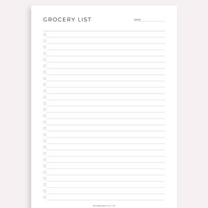 May include: A printable grocery list template with the title "Grocery List" and a space for the date. The template has 30 lines with circles for checking off items.