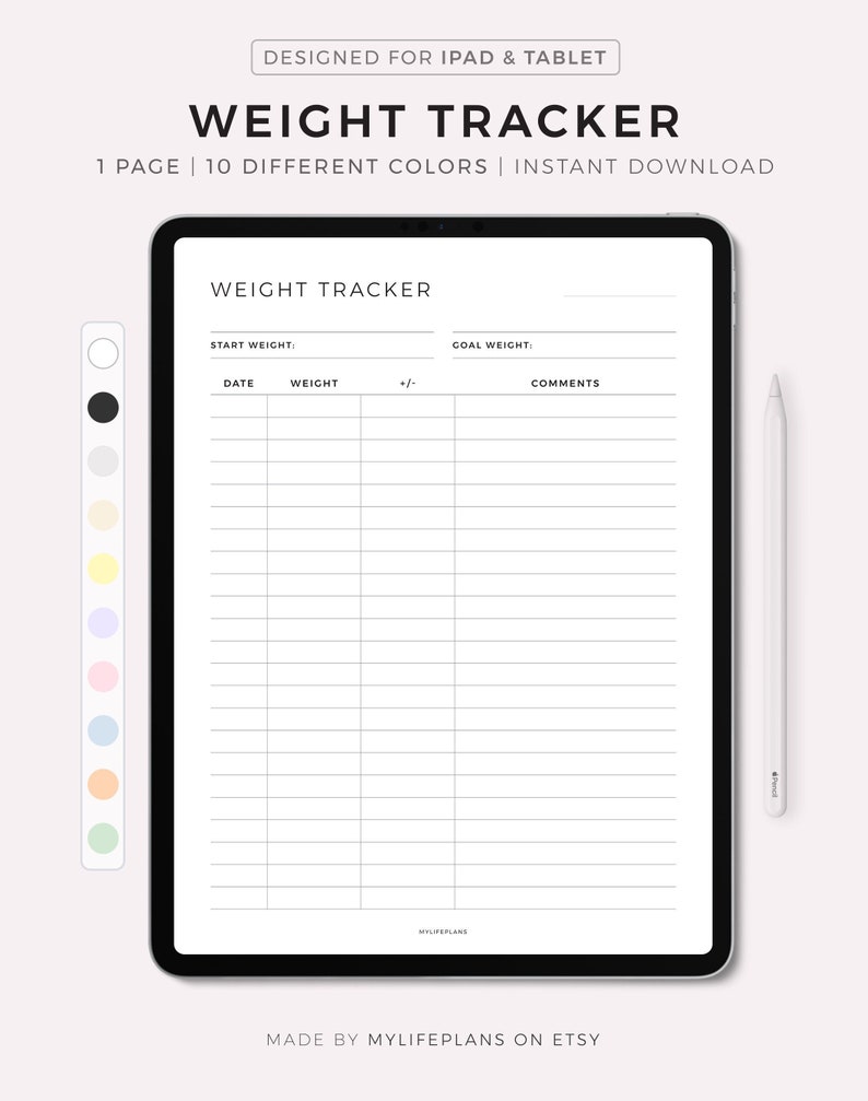 K&ouml;nnte beinhalten: Ein digitaler Gewichts-Tracker zum Ausdrucken f&uuml;r iPad und Tablet. Der Ausdruck hat den Titel "Weight Tracker" und enth&auml;lt Abschnitte f&uuml;r das Startgewicht, das Zielgewicht, das Datum, das Gewicht, +/- und Kommentare. Der Ausdruck ist in 10 verschiedenen Farben erh&auml;ltlich.