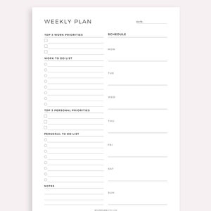 Peut inclure: Un planificateur hebdomadaire imprimable avec des sections pour les priorit&eacute;s professionnelles et personnelles, les listes de t&acirc;ches et un horaire quotidien. Le planificateur comprend le dimanche et le lundi. Le texte "WEEKLY PLANNER" est en haut de la page, et le texte "SUNDAY & MONDAY STARTS INCLUDED" est en dessous. Le texte "WEEKLY PLAN" est en haut de la page, et le texte "SCHEDULE" est en haut &agrave; droite de la page. Le texte "DATE" est en haut &agrave; droite de la page. Le texte "TOP 3 WORK PRIORITIES" est en haut &agrave; gauche de la page. Le texte "WORK TO DO LIST" est en dessous. Le texte "TOP 3 PERSONAL PRIORITIES" est en dessous. Le texte "PERSONAL TO DO LIST" est en dessous. Le texte "NOTES" est en dessous. Le texte "MON" est en haut &agrave; droite de la page. Le texte "TUE" est en dessous. Le texte "WED" est en dessous. Le texte "THU" est en dessous. Le texte "FRI" est en dessous. Le texte "SAT" est en dessous. Le texte "SUN" est en dessous. Le texte "MYLIFEPLANS ETSY.COM" est en bas de la page. Le texte "MADE BY MYLIFEPLANS ON ETSY" est en bas de la page.