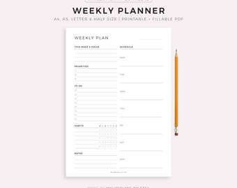 Afdrukbare weekplanner A5, A4, Letter, half formaat, wekelijks schema, wekelijkse takenlijst, ongedateerde weekplannerpagina's, wekelijkse invoegingen