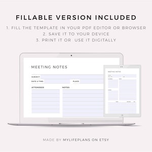 May include: A digital template for taking meeting notes. The template includes sections for the subject, date and time, attendees, notes, and place. The template is displayed on a laptop screen and a tablet.