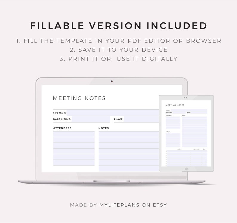 May include: A digital template for taking meeting notes. The template includes sections for the subject, date and time, attendees, notes, and place. The template is displayed on a laptop screen and a tablet.
