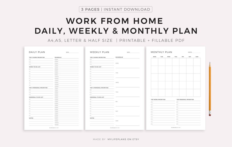 Work From Home Daily Planner, Weekly Planner, Monthly Planner, Productivity Planner, Instant Download, A4/A5/Letter/Half Size image 1