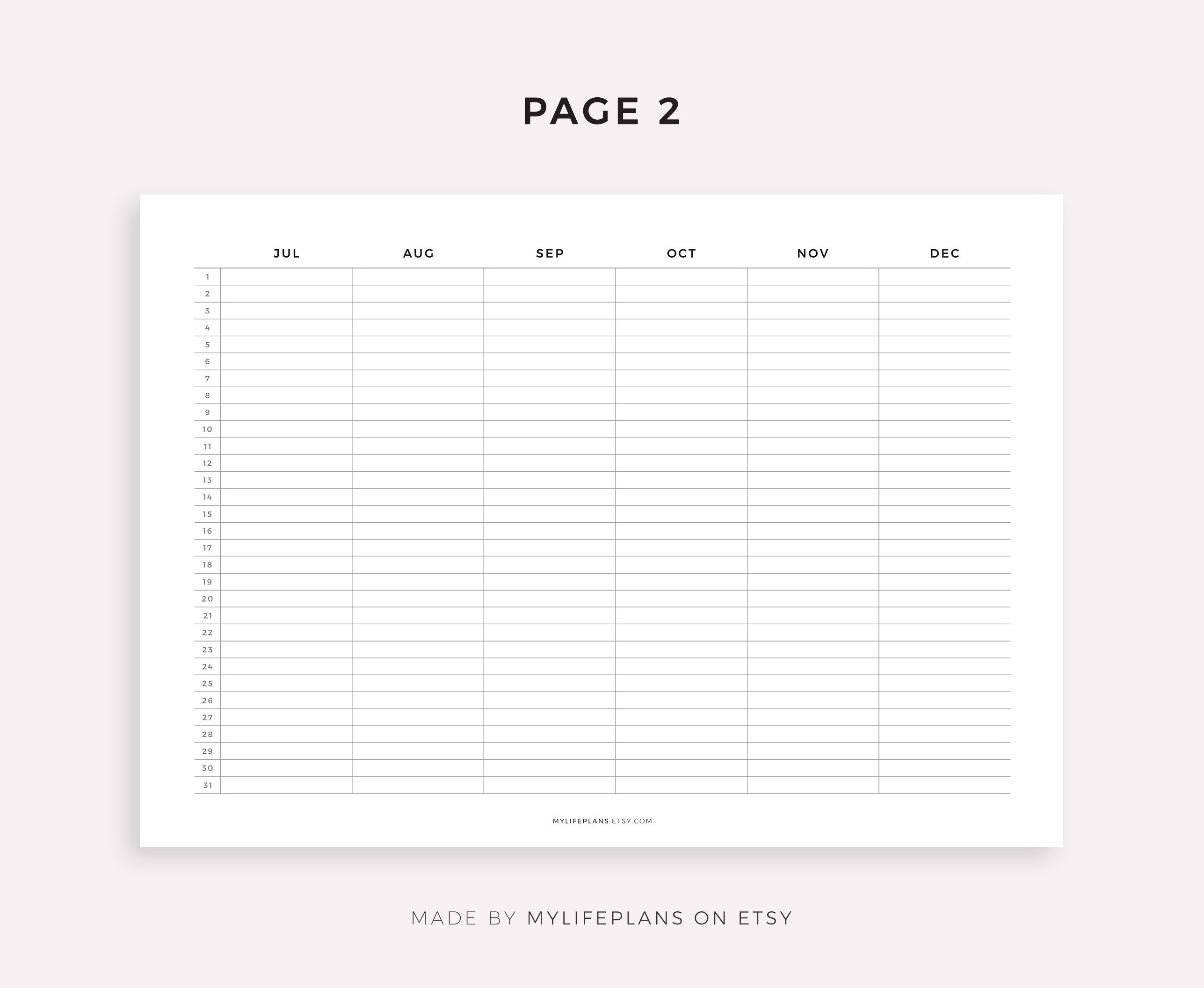 Half Year Calendar Printable Undated Calendar on 2 Pages - Etsy