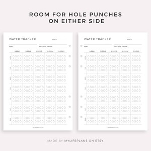 May include: Two black and white printable water tracker pages with the text "WATER TRACKER" at the top. Each page has a grid of water drops for tracking daily water intake. The text "ROOM FOR HOLE PUNCHES ON EITHER SIDE" is at the top of the page.