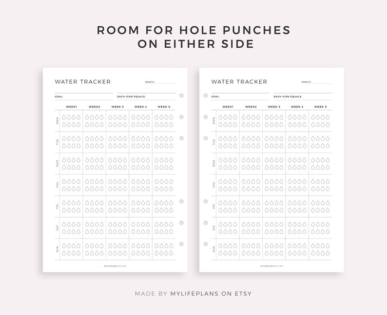 May include: Two black and white printable water tracker pages with the text "WATER TRACKER" at the top. Each page has a grid of water drops for tracking daily water intake. The text "ROOM FOR HOLE PUNCHES ON EITHER SIDE" is at the top of the page.