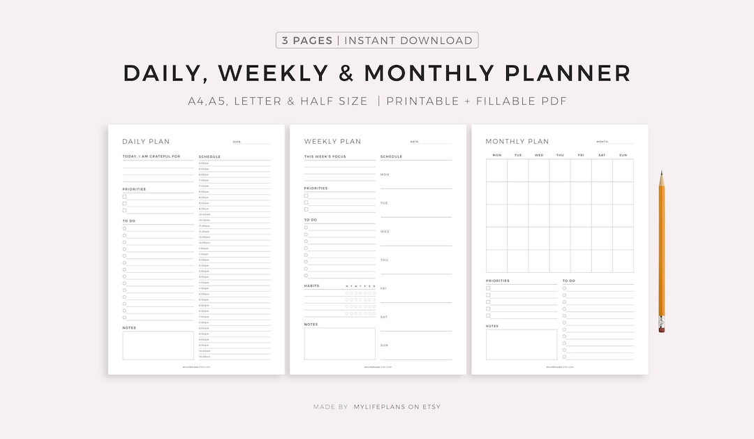 Daily Planner Weekly Planner Monthly Planner Printable